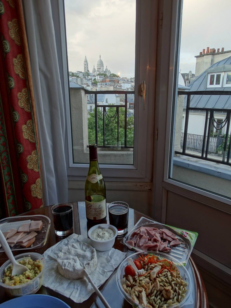 Picnic dinner in our room at Hotel Royal Fromentin