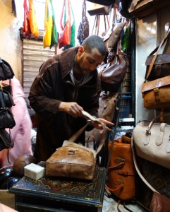 My new handbag getting a dose of vegetable oil at Chiki Imad stall in the souks