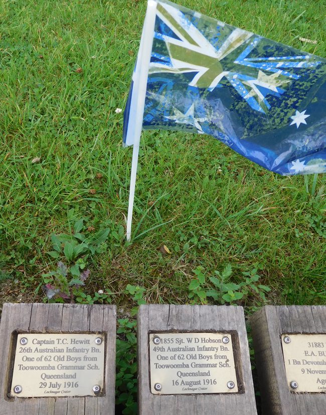 Plaques in the boardwalk at Lochnager Crater to Toowoomba Grammar School old boys...my dad's old stomping ground.