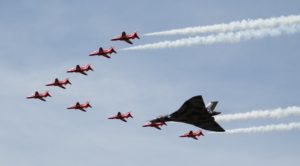 RAF Red Arrows escorting the Vulcan Bomber