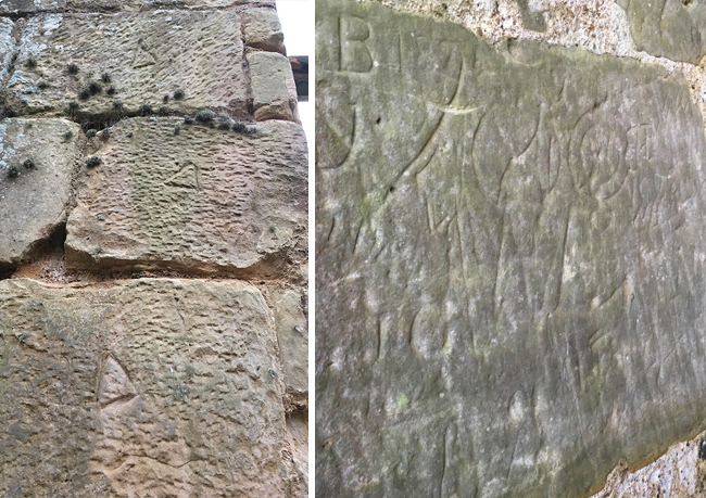 The triangles denote which one of the six Banker masons carved the stone to make the blocks. As a piece-worker he would be paid for the stones bearing his mark. The right image shows either marks against witchcraft, the approval/sign off of the whole construction by the architect, and 19th century graffiti...apparently.