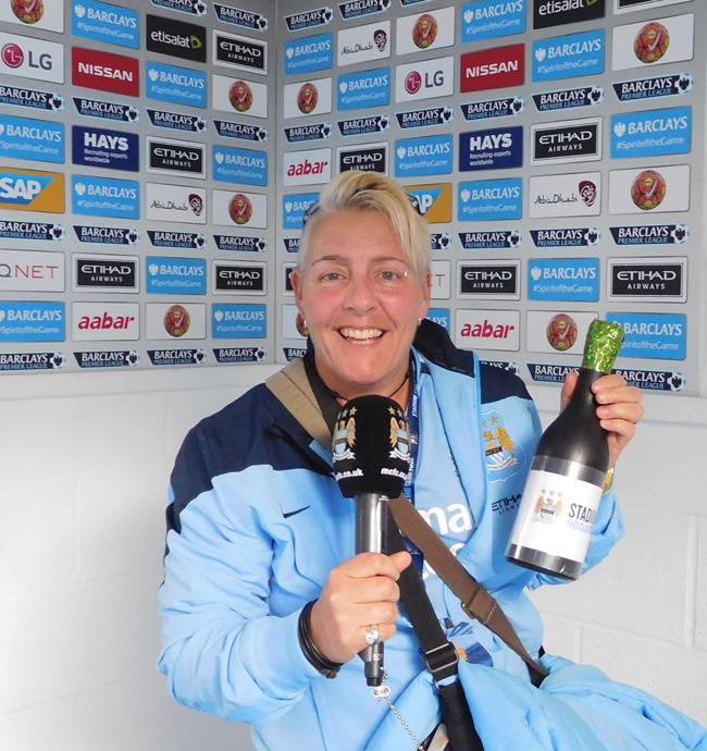 Fake mike and champagne to toast a good game and interview the player of the match in the tunnel to the pitch.