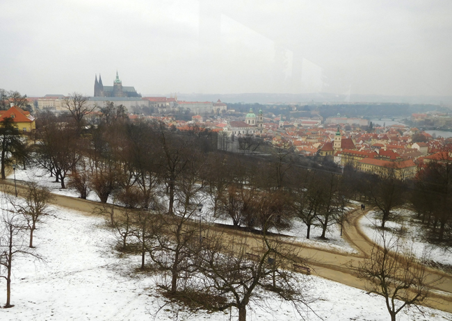 View over Prague Lesser Town, Prague Castle and Petrin Hill on the funicular tram ride downhill.