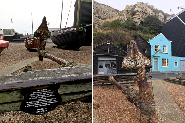 "This anchor originally weighing 2 tons (approx) was believed lost during the time the English & French were at war, circa 1812. It was recovered from the sea bed southeast of Hastings on 8.8.1981 and brought ashore by old town divers and the fishing boats Royela and Daybreak"