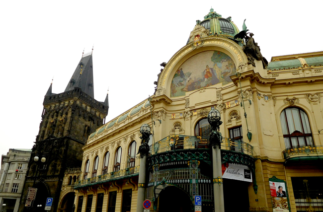 Prague architecture spans centuries side by side. The dark and brooding Powder Gate, a medieval Gothic city gate built in the 1500's stands next to the sumptuous Municipal House, today a theatre, built during the early 1900's Art Nouveau movement.