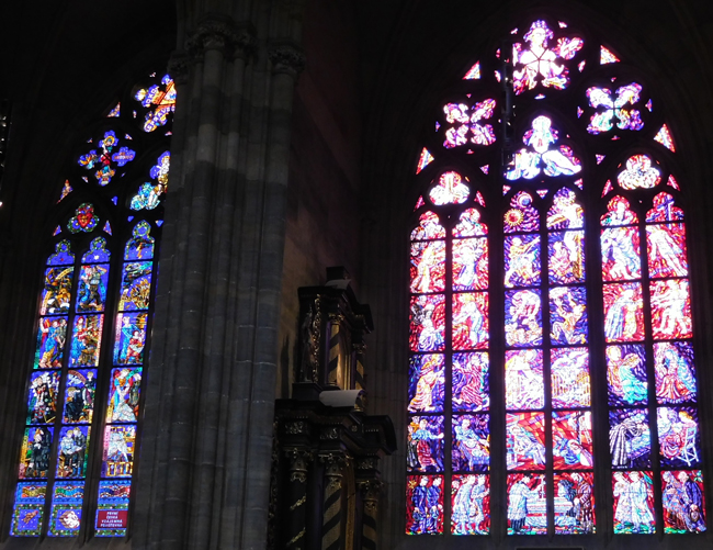 Stained glass in St Vitus Cathedral, Prague Castle.