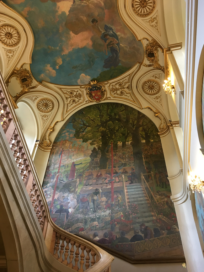 The magnificent staircase mural of the Capitole.