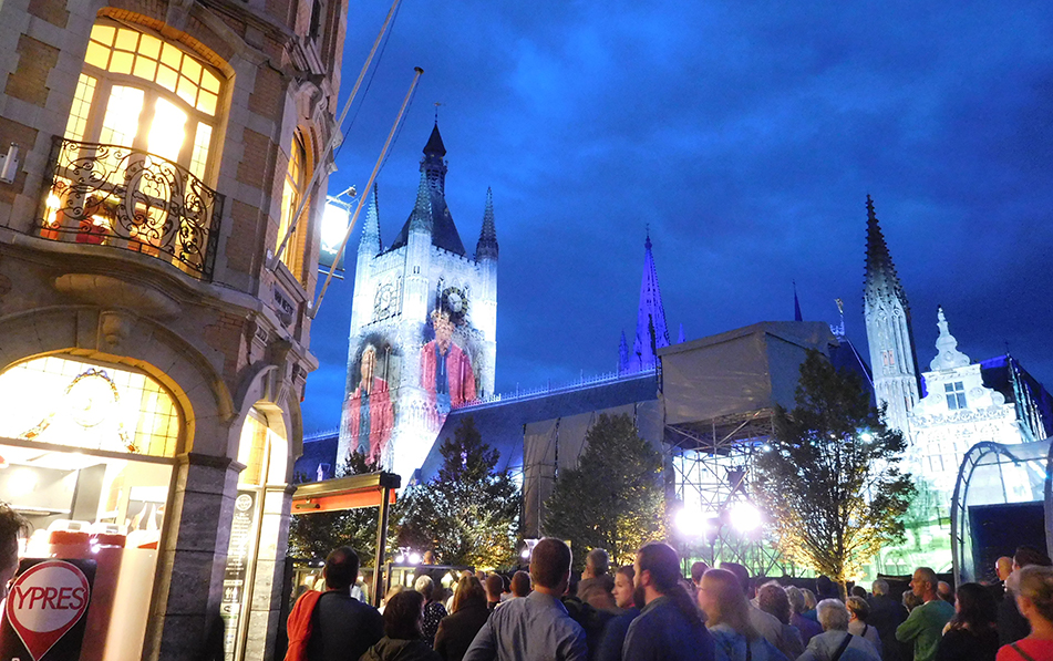 Full rehearsal during dinner included scenes from War Horse projected onto the Cloth Hall belfry