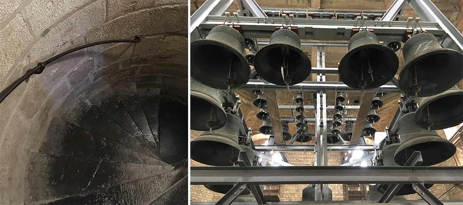 Spiralling stone staircases went up and up, revealing the 49-bell carillon housed in the tower.