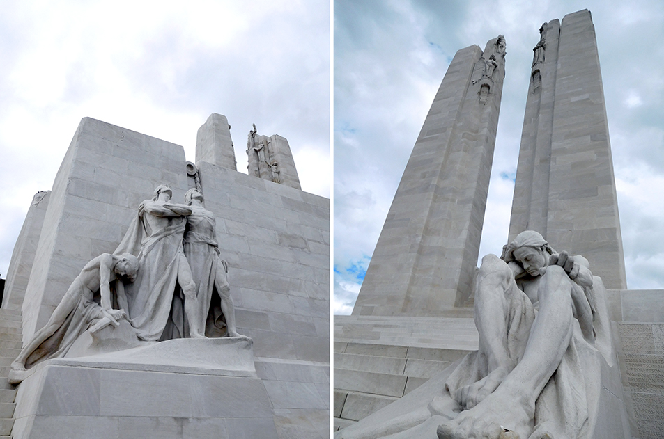 The towers rise 30 metres from the foundation, one adorned with a maple leaf, the other a fleur-de-lis. Canadian National Vimy Memorial.