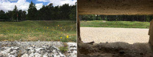 Left: The view over the top of the trench into the bomb craters separating the opposing sides. Right: View from the sniper pods that punctuated the front line.